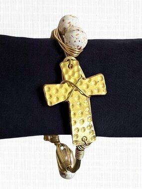 Wire Wrapped Cross Bangle Bracelet Textured Gold Tone Stone Bead Christian Art
